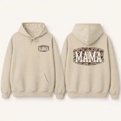 Camo Mama 2 Sided Hoodie, Trendy Camouflage Graphic Pullover, Cool Streetwear Style, Mother’s Day Gift for Moms, Casual Apparel for Women