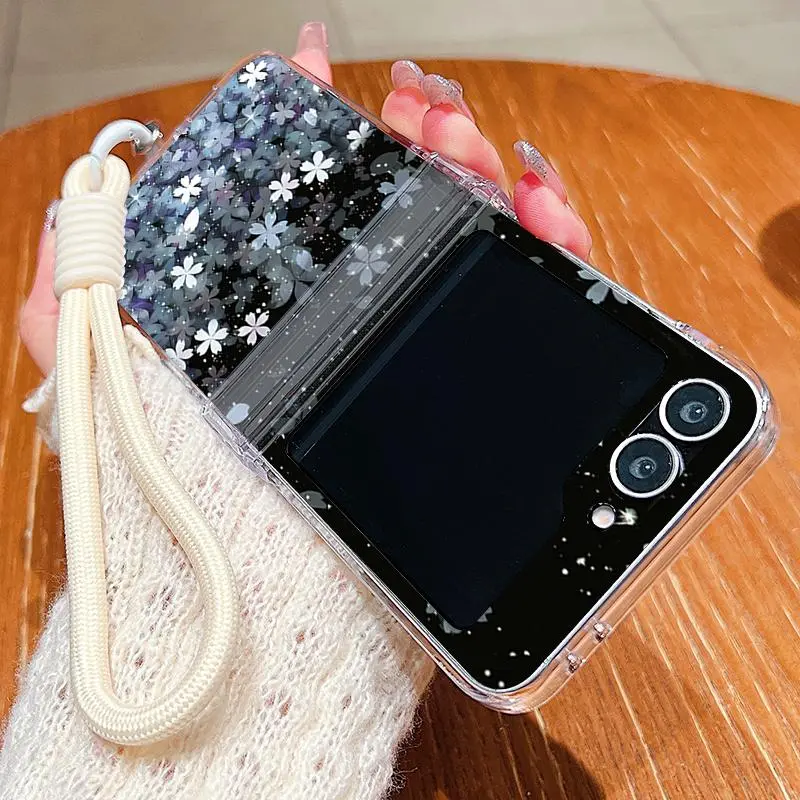 Cherry Blossom Lanyard Phone Case For Samsung Galaxy Z Flip 8 7 FE 6 5 4 3 5G Folding Hard Clear Cover For Samsung Z Flip7 Flip6