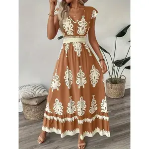 Women'S Floral Print V-Neck A-Line Dress with Ruffled Cap Sleeves and Cinched Waist - Spring/Summer Collection, Lightweight Polyester, Perfect for Casual or Vacation Wear