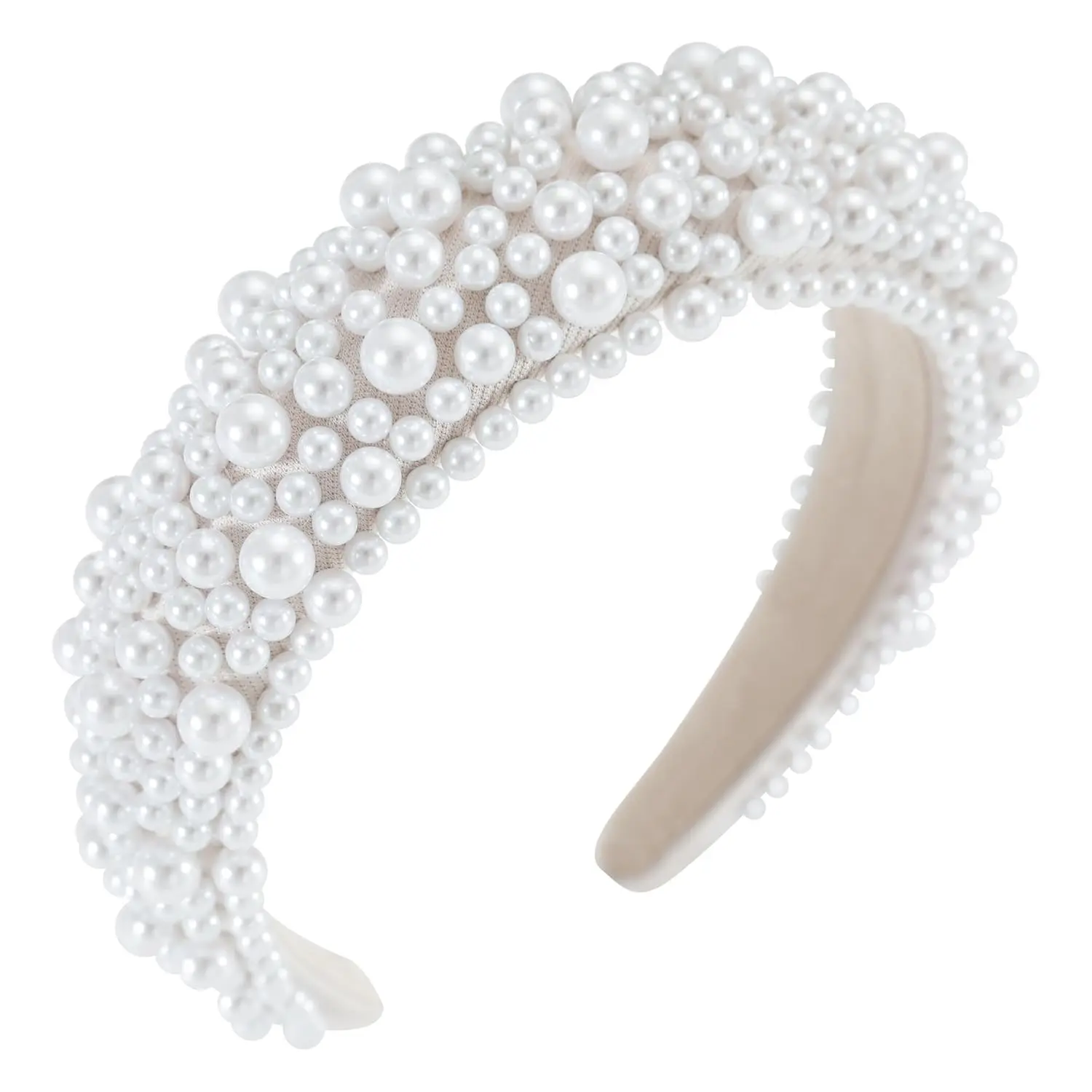Padded  Headband Thick Beaded Headbands for Women Non Slip Fancy Puffy Headband  Headpiece for Bride Wedding Hairband Hair Accessories  B-White