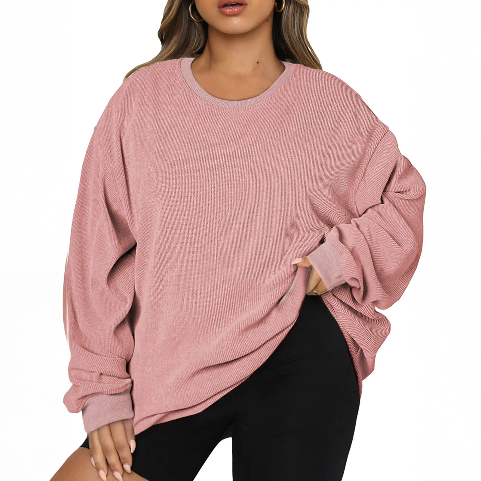 Aleumdr Women's Plus Size Oversized Corduroy Sweatshirt, Casual Crewneck Long Sleeve Lightweight Pullover, Baggy, Longsleeves