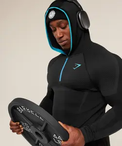 Onyx 5.0 Seamless Hoodie - Black/Blue Men's Fitted Athletic Hoodie for Workout