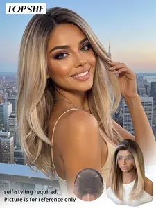 Topshe 13x6 Lace Front Wig, Ash Blonde Color, Layered Cut, Medium Length Straight Hair, Natural Look, Natural Looking Wig, Fiber Material, All Seasons, Blonde Lace Frontal, Hair Straight Wigs