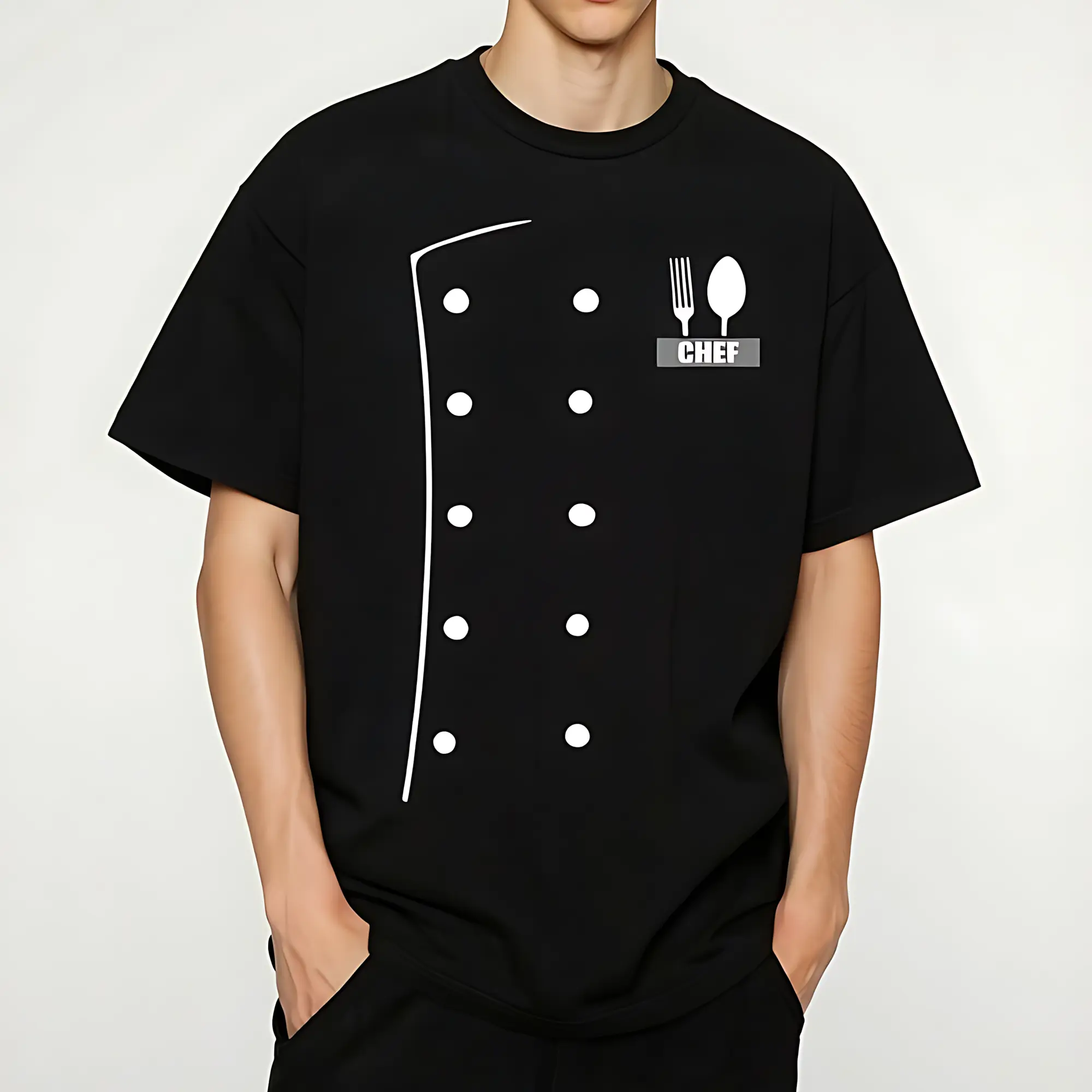 Funny Chef Costume T-Shirt for Men, Casual Round Neck Short Sleeve Graphic Print in Soft Basic Cotton, Cargo, Skin Friendly, Standard Cut, Chef Theme, All Seasons, Menswear, Tops, Normal Type, Minimalist, Machine Washable, Soft Cotton