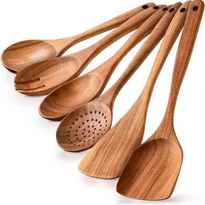 Kitchen Wooden Cooking Utensil Set, 6/8 Counts/set Including Cooking Spatula, Spoon, Strainer Spoon & Soup Ladle, Kitchen Utensil Set With Hanging Hole, Wooden Cooking Tools