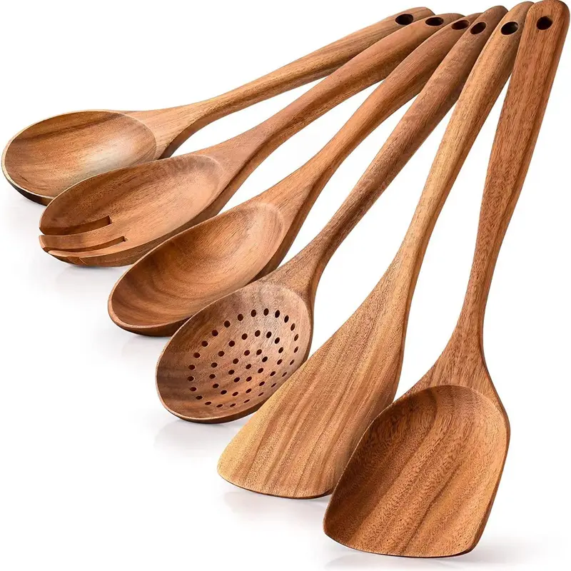 Kitchen Wooden Cooking Utensil Set, 6/8 Counts/set Including Cooking Spatula, Spoon, Strainer Spoon & Soup Ladle, Kitchen Utensil Set With Hanging Hole, Wooden Cooking Tools
