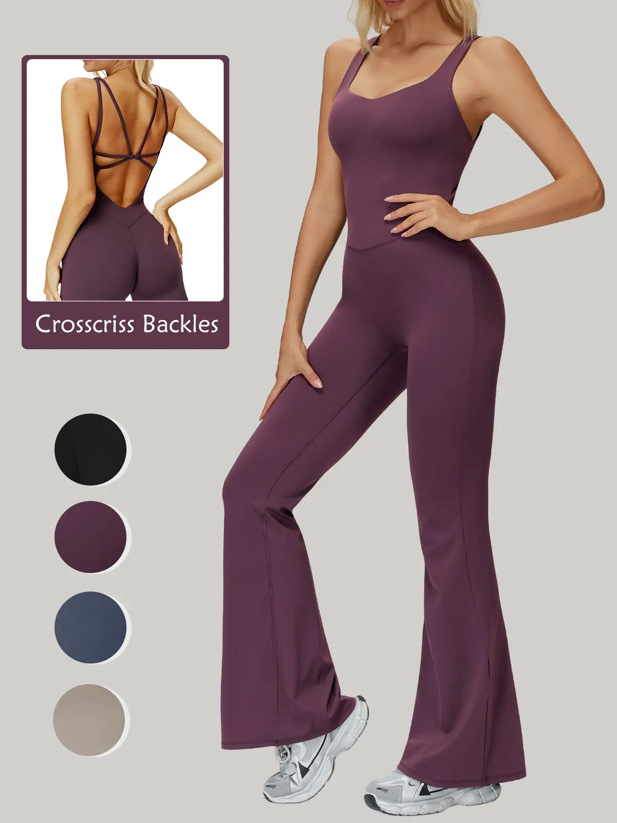 Riojoy Women's Solid Crisscross Jumpsuit with Bra Tummy Control One Piece Flares Bottoms Backless Bodysuit Workout Outfit Sleeveless Overalls Flared Sports Jumpsuit For Fitness Workout Athletic Style Active wear Stylish Yoga Jumpsuit