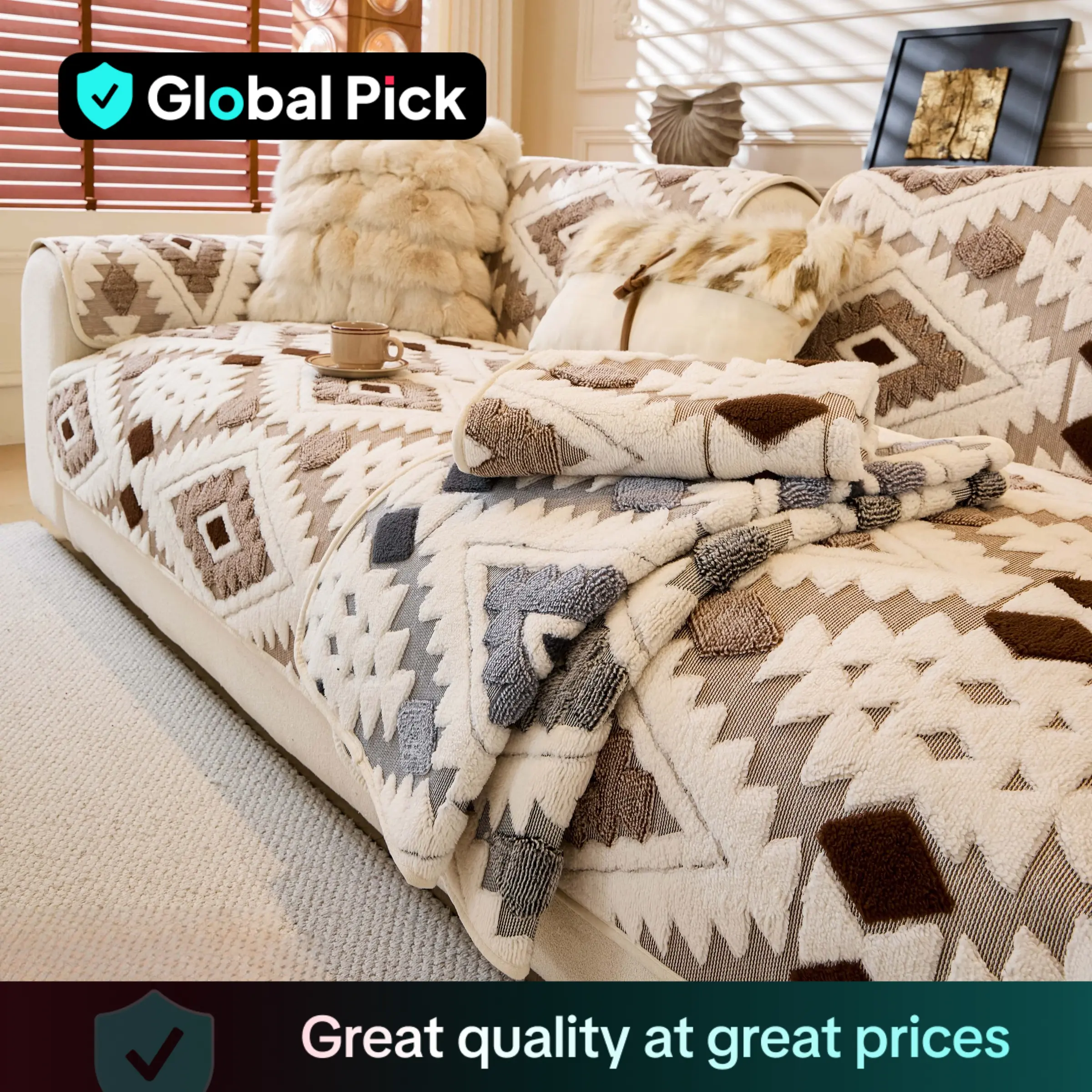 Boho Style Geometric Pattern Sofa Cover, 1 Count Soft Comfortable Sofa Cushion, Dustproof Sofa Cover for Home Living Room Bedroom Hotel Dormitory