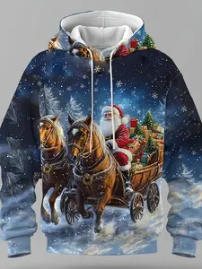 Men's 3D Full Print Santa Sleigh & Reindeer Hooded Sweater - Winter Warm Casual Pullover, Full Zip Hood, Machine Washable, Snowy Flickering Lights Design - Holiday Winter Clothing  - Digital 3D Printed with Santa's Carriage and Horse Patterns