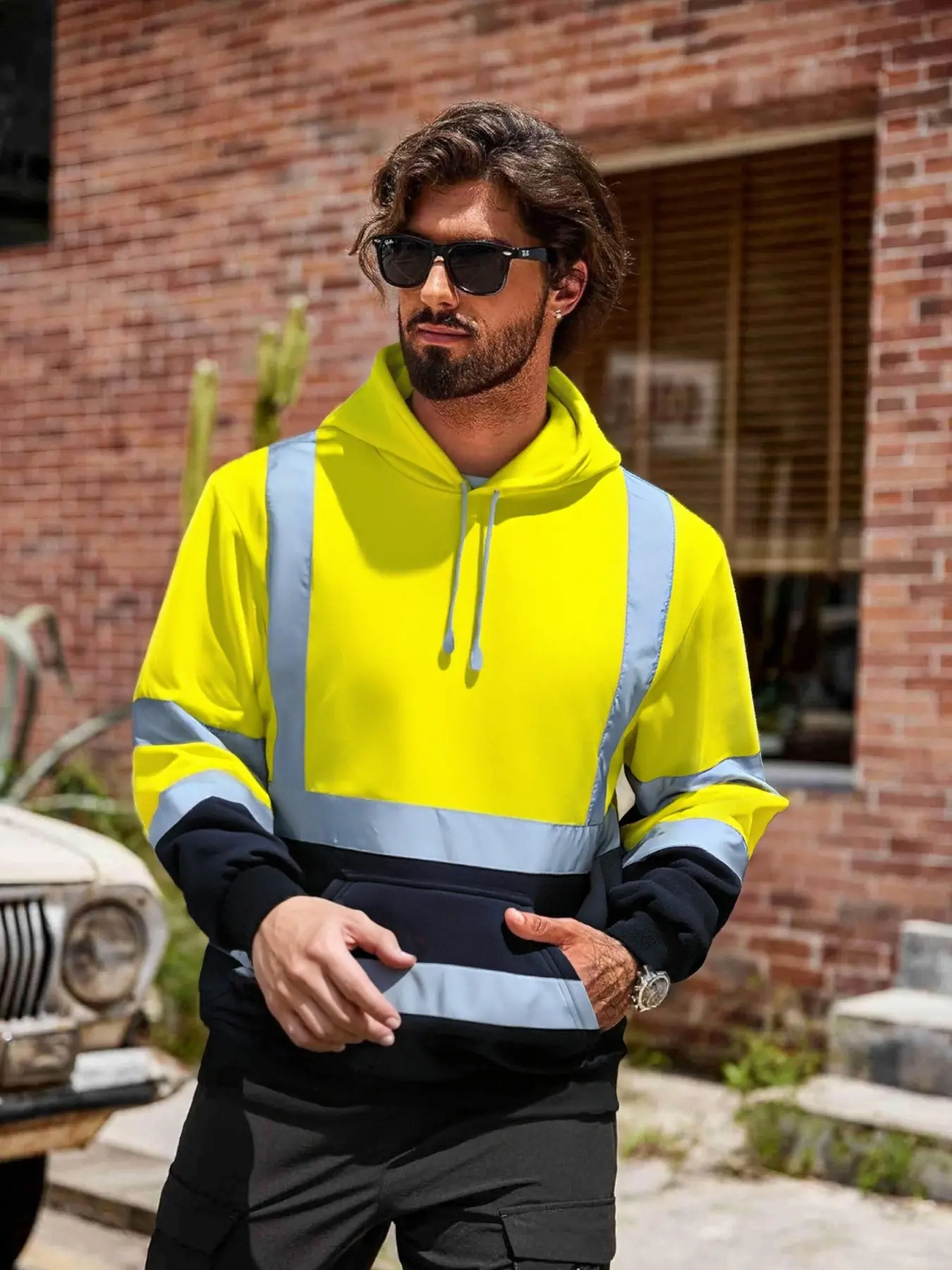 Men's Fall Winter Hooded Sweatshirt, Menswear Heavyweight Fleece Lined Reflective Strips, Windproof Outdoor Warm Clothing, Comfortable Nightwear