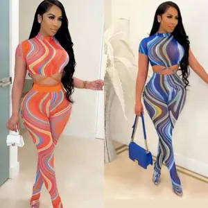 Michelle Sets True Size Mesh Material Cute Summer Outfit with Vibrant Swirl Patterns and Stylish Cut-Out Details