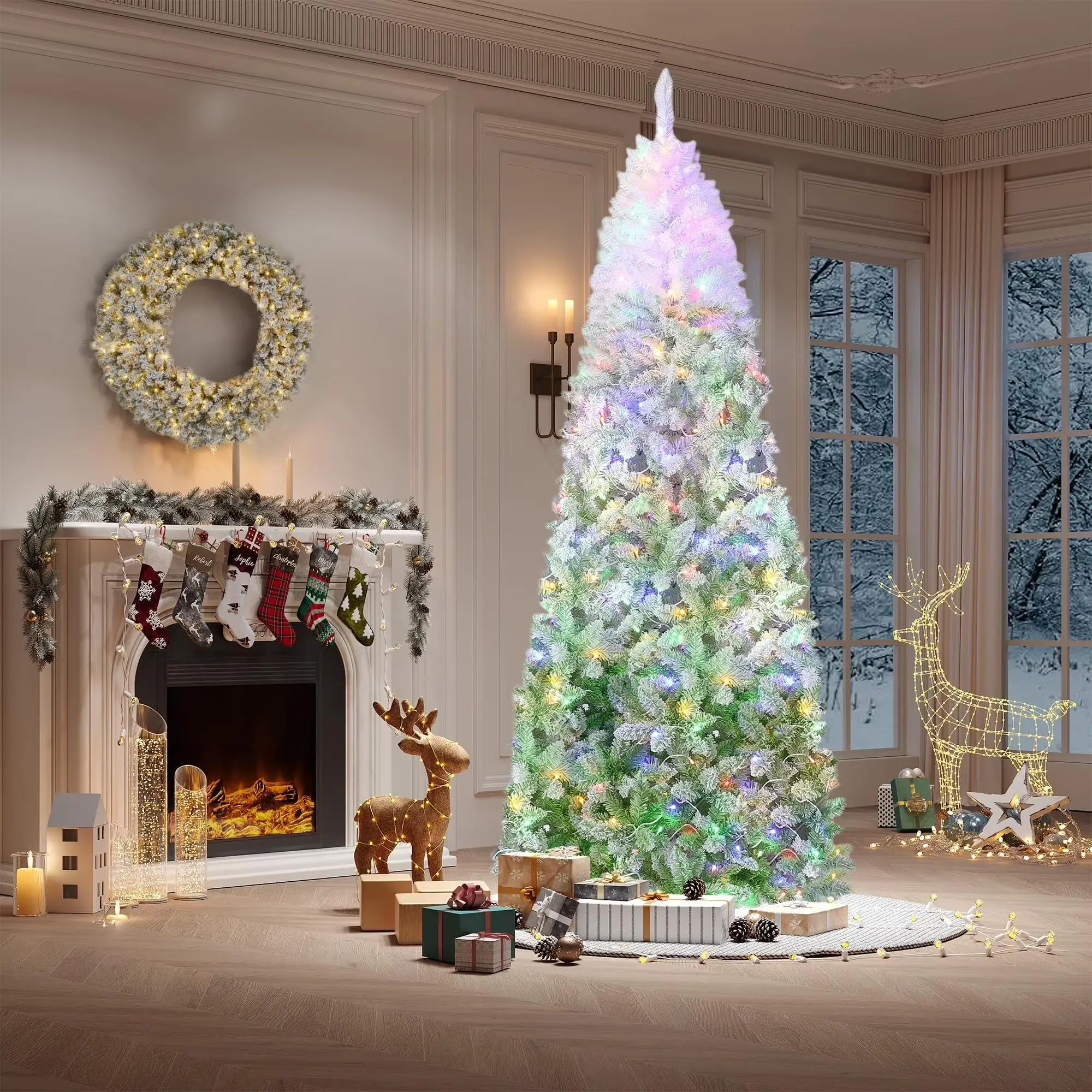 6ft Snow Flocked Pencil Christmas Tree with Green Gradient, Slim Artificial Xmas Tree on Sturdy Metal Stand, Skinny Holiday Decor for Home & Office