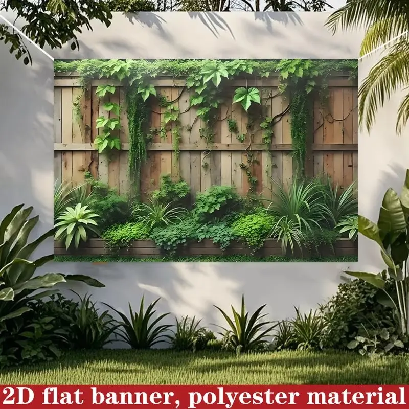 2D Flat Wall Art, Natural Landscape Background, Greenery Around Wooden Fence, Multiple Sizes Available, Home Decor for Weddings, Holidays, Gardens, Plants, Garden Accessories
