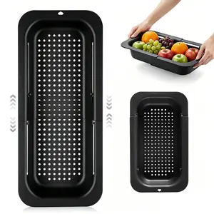 Adjustable Over Sink Colander Utensil, 13.58"-18.9" Extendable Strainer Basket for Washing Fruits, Draining Pasta, Fits Most Kitchen Sinks (Black, 1 Pack), Utensils