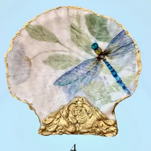 Decoupage & Embellished Seashells - Hand-Selected Oyster Shell with Elegant Floral Vintage Paper & Blue Dragonfly Design - Approximately 4 Inches