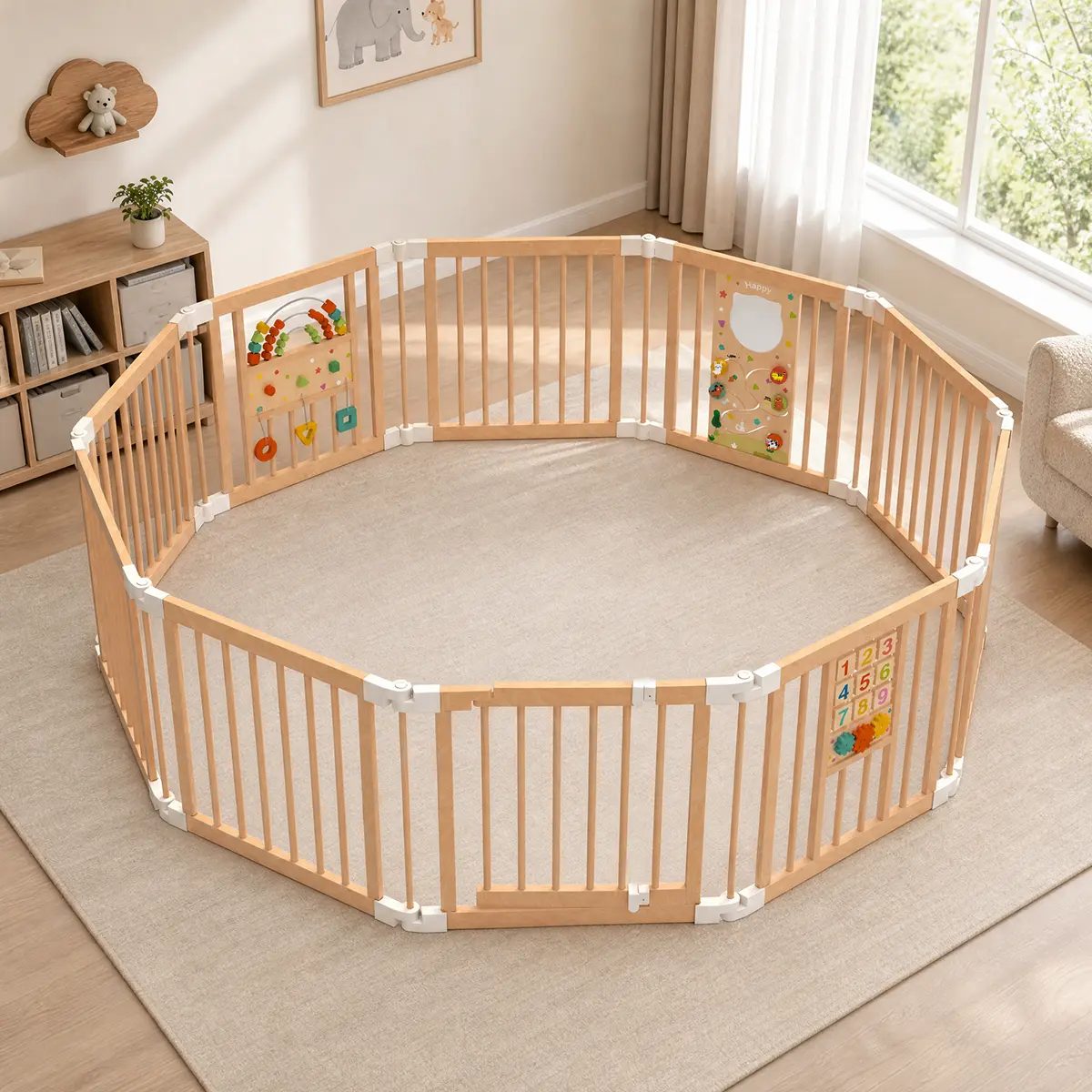 Wooden Baby Playpen, 10-Panel Foldable Adjustable Play Yard with Montessori Activity Panels, Baby Fence with Safety Lock Gate, Easy Assembly, CPC & CPSIA Certified Indoor Activity Center for Babies and Toddlers