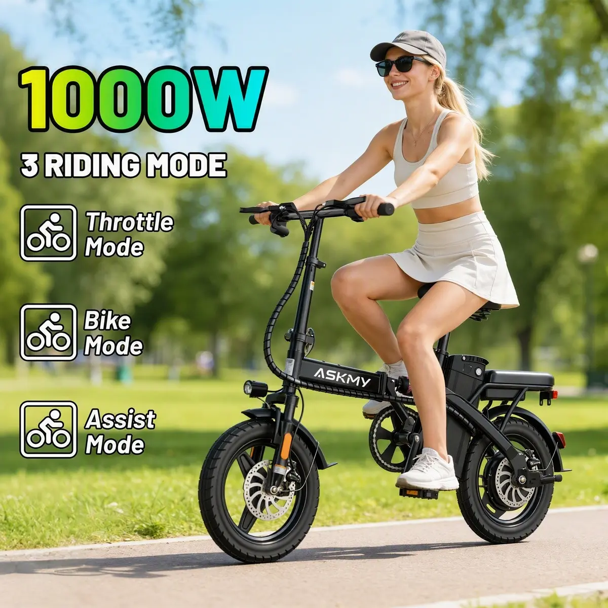 [ASKMY]1000W Folding Electric Bike 45 Miles Long Range,25MPH,14" Portable Mini E-Bike,Dual Disc Brakes, Lightweight City Commuter Bike, for Adults & Teens, Perfect for Daily Travel