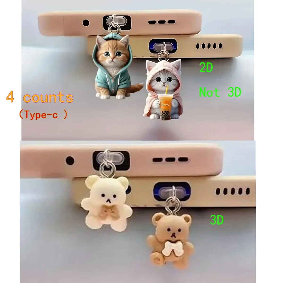 4-Piece Set Cute Resin Bear & Cat Phone Charm Accessories, DIY Decorations for iPhone Type-C Android Tablet Charging Port