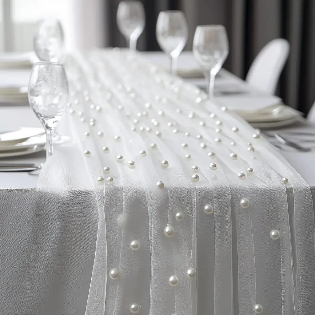 8pcs White Bridal Romantic Full Length Sheer Tulle Mesh Pearl Table Runner (120in), Elegant Hand-Wash Only (Do Not Dry Clean) Customizable Dining Room Party Decor