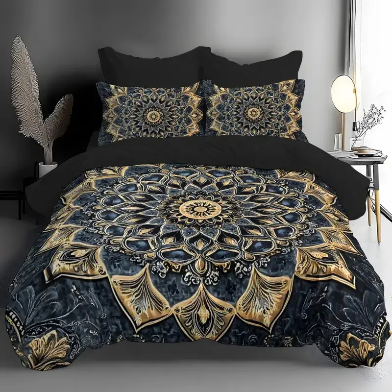 Blue Gold Mandala Print Bedding Set, Decorative Bedding Set, Luxury Vintage Style, Master Bedroom Decor, Perfect Gift Choice, 3 Piece Set