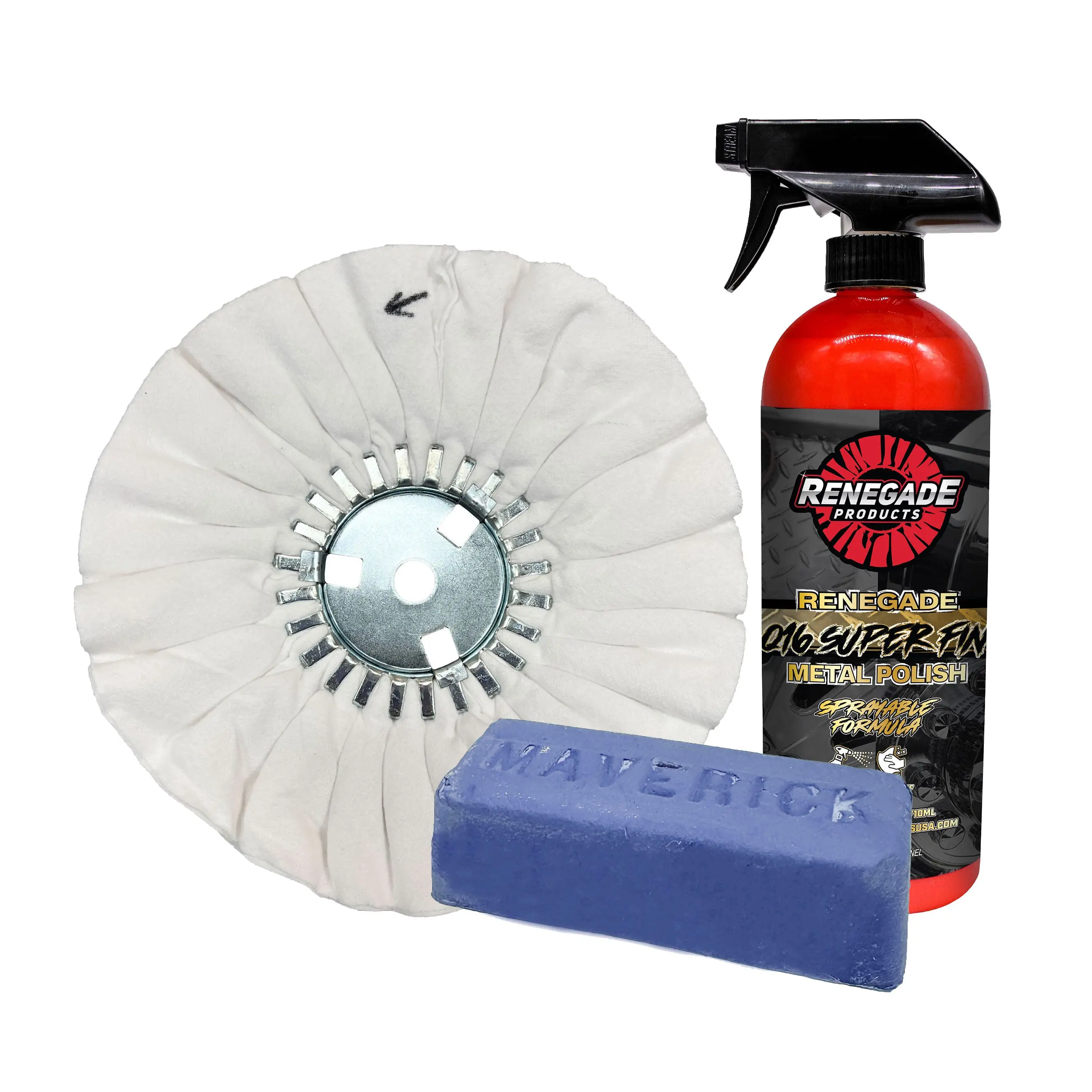 Renegade Products Final Finish Bundle for Mirror Shine Metal Polishing – Q16 Spray Polish, Flannel Buffing Wheel & Finishing Compound