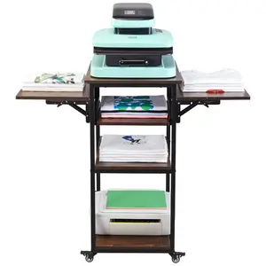 VEVOR Heat Press Table with Charging Station, 4 Tier Movable Heat Press Stand, Foldable Heat Transfer Machine Stand with Wheels, Rolling Metal Workbench for Sublimation Transfer Machine, Brown