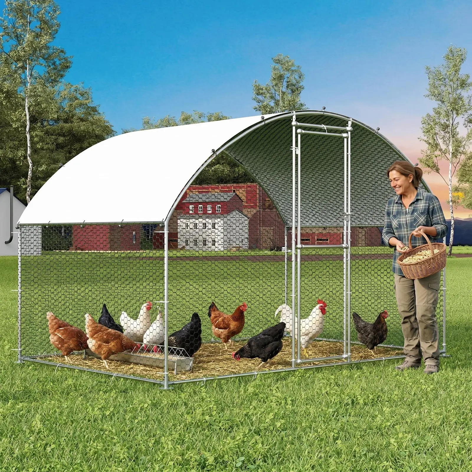 [NEW PRODUCT - FLASH SALE] Garvee Large Metal Chicken Coop, Chicken Run for 6/10 Chickens, Outdoor Walk in Poultry Cage with Anti-UV Cover and Waterproof