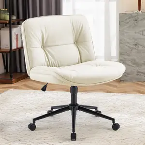 Criss Cross Legged Chair, PU-Leather Armless Office Desk Wide Seat Swivel Height Adjustable Computer Task Seating Modern Home Room