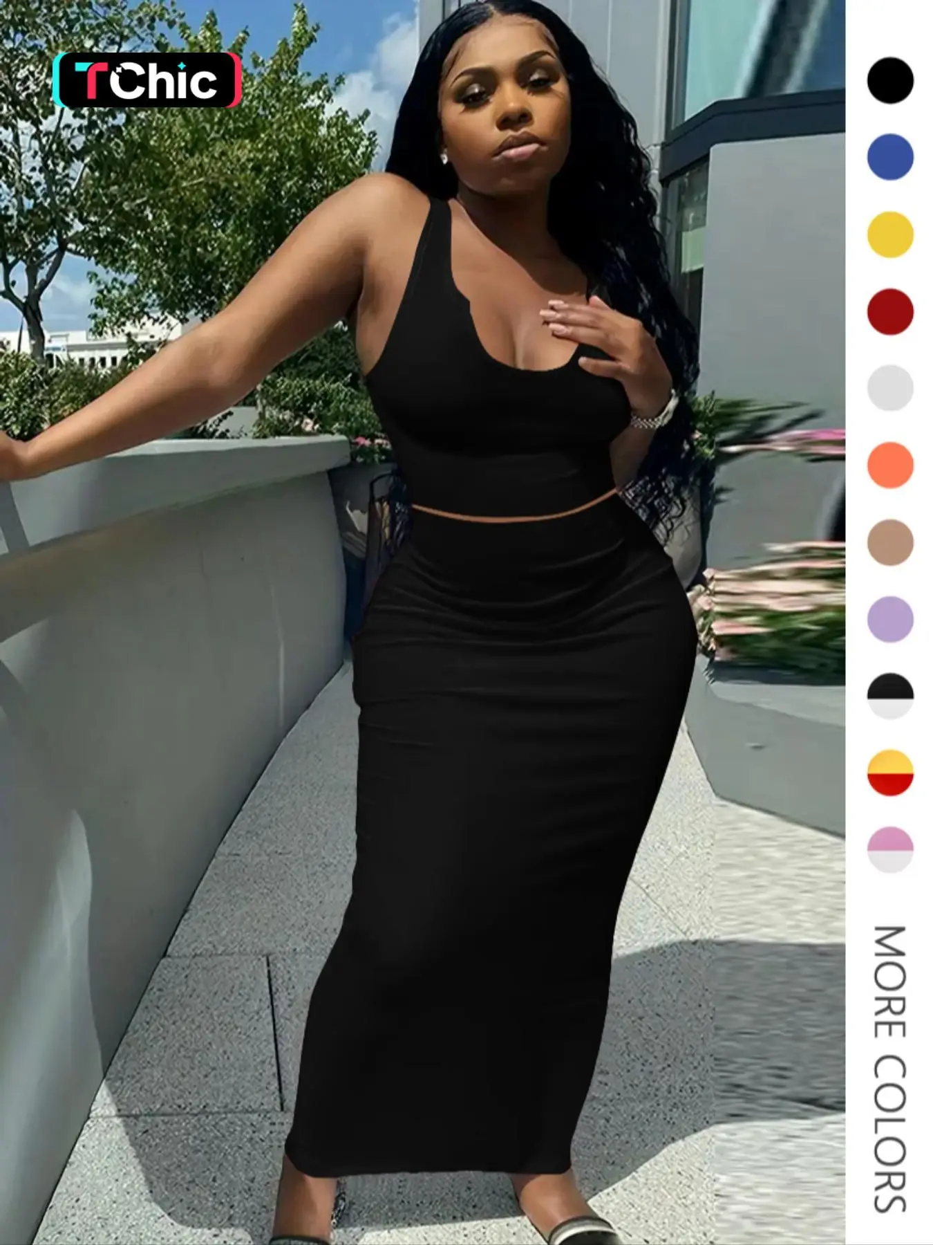 Women's Plain Two-piece Skirt Set, Comfort Elegant Fit Soft Basic Chic Sleeveless Notched Neck Crop Tank Top & Bodycon Long Skirt, Minimalist Summer C