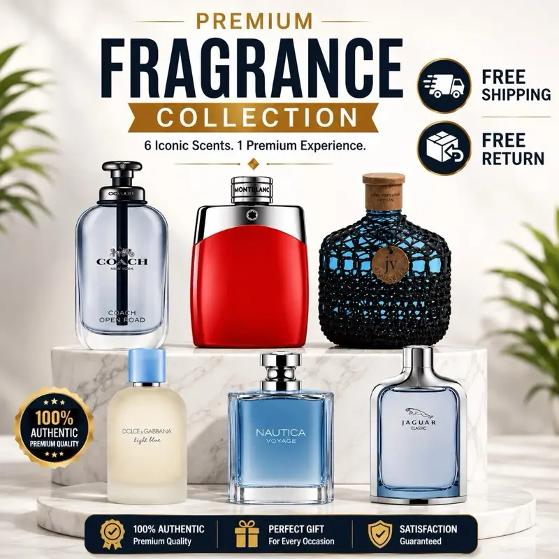 Best Designer Fragrance bundle | Coach Open Road + D&G Light Blue + Jaguar Classic + Nautica Voyage + John Varvatos Blu + Mont Blanc Legend Red | High value luxury fragrance bundle