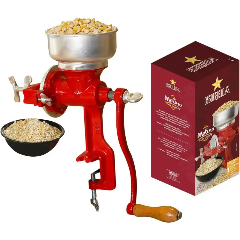 Estrella Cast Iron Manual Crank Corn Grain Grinder - 14" Tall Home Kitchen Utensil with 5" Hopper, Traditional Mexican Specialty Gadget, Utensils