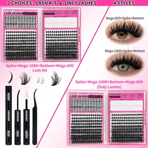 LASH SKYQD 472pcs 4 Styles D Curl False Eyelash Cluster Kit, Bottom/Spike/Mega 100D/Mega 80D Volume Lash Extensions Kit With Lash Bond and Seal Tweezers, Perfect for Beginners & Proficient, DIY at Home Easily, Easy Apply for Makeup Daily