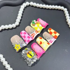 10-Piece Handcrafted Y2K Press-On Nails, Sparkling Sequins & Plaid Design, Glossy Finish, Ideal for Parties & Everyday Use