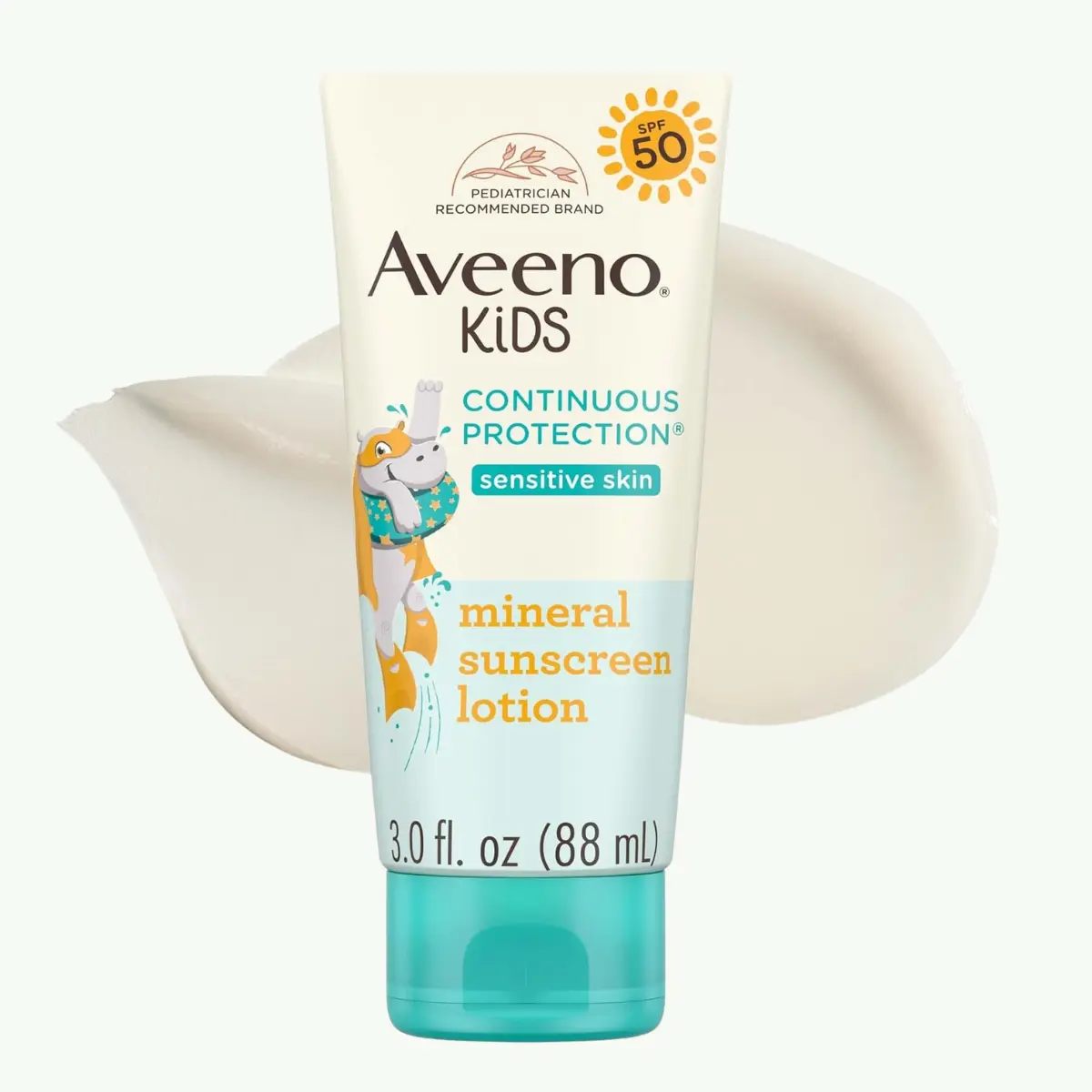 Aveeno Kids Sensitive Skin Sunscreen Lotion, Broad Spectrum SPF 50, 3 fl. oz Zinc Oxide Formula, Oxybenzone-Free, Tear-Sweat Resistant, Water-Resistant, Non-Greasy