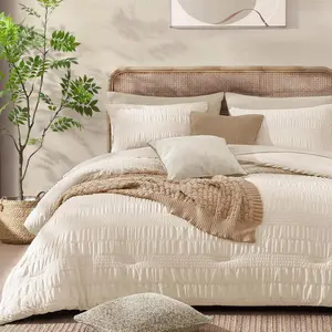 Comforter Set, 7 count Beige Seersucker Bed in a Bag  Size Soft All Seasons, Bedding Sets with Comforter, Flat Sheet, Fitted Sheet, 2 Pillow Shams, 2 Pillowcases