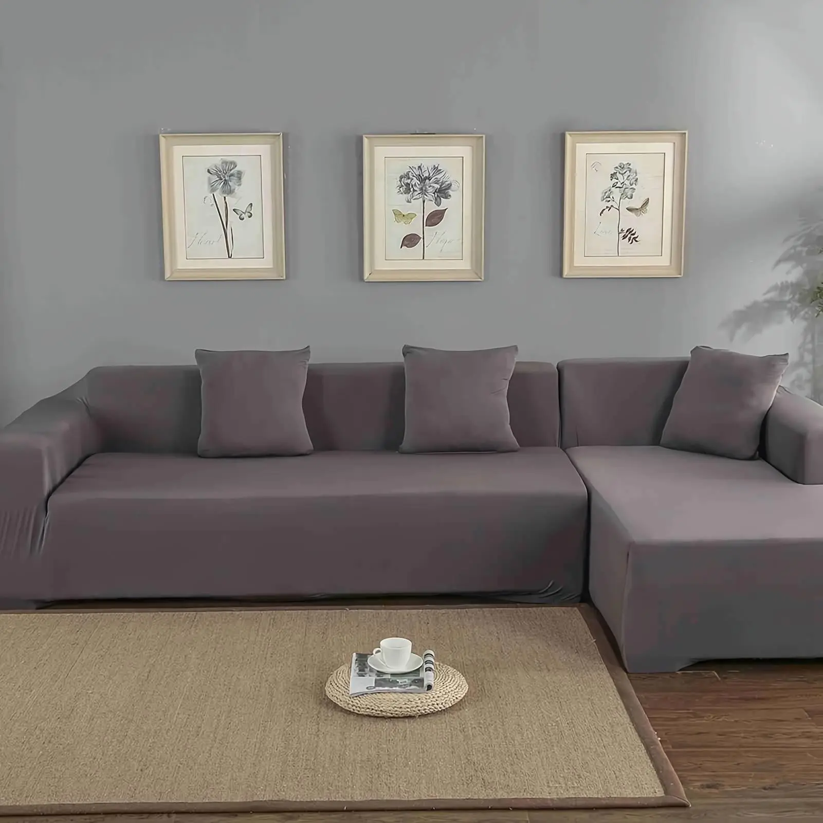 Stretchfit L-Shape Dark Grey Polyester Corner Sofa Cover Set for 3+2 Seater Sectional & Chaise, Indoor Living Room Furniture, Pet-Friendly, Machine Washable, Stretchfit Lshape