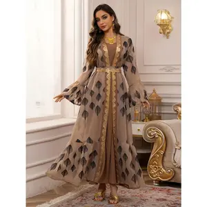 2025 Hot Selling Two-Piece Arabian Special Supply Long Robe Brown Black Embroidered Appliqué Fashionable Dress High-End Mesh Embroidered Party Dress Set