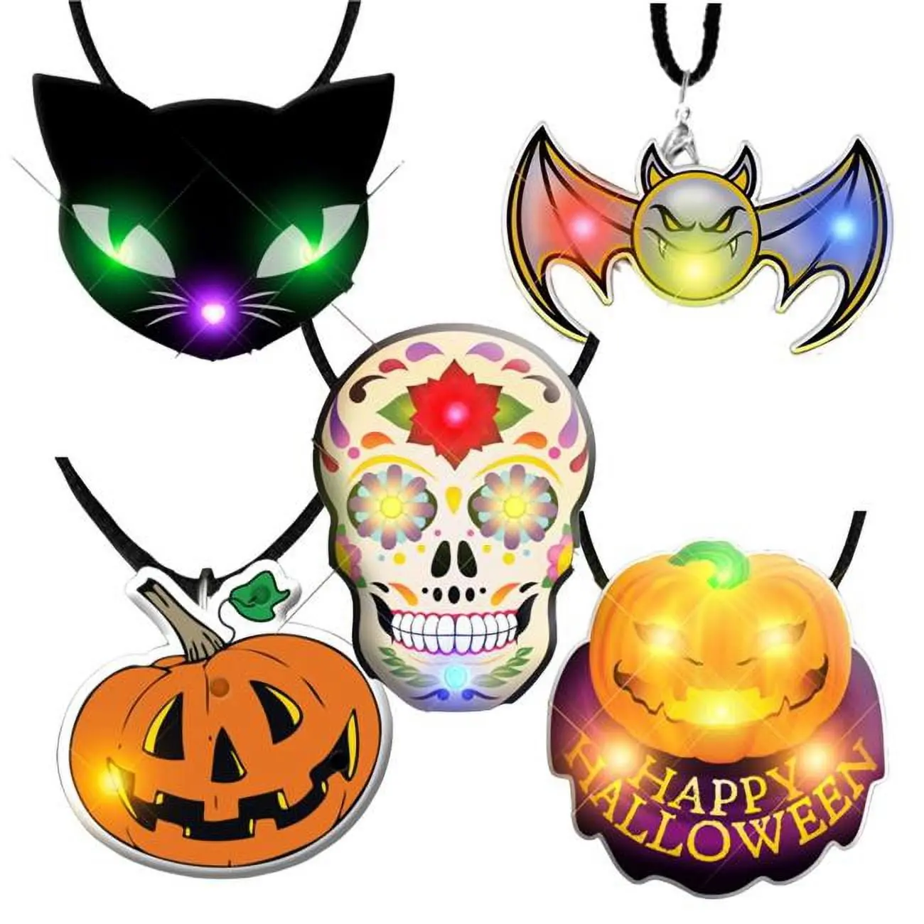 212 MAIN Fashion Unisex Lighted Bling Body Charm LED Necklaces (Pack of 25) - 22"x2"x1.75" Assorted Printing Halloween Necklaces with 2 CR927, All Ages Festive Party Favor Accessories, Led Lights, 22" X 2" X 1.75"