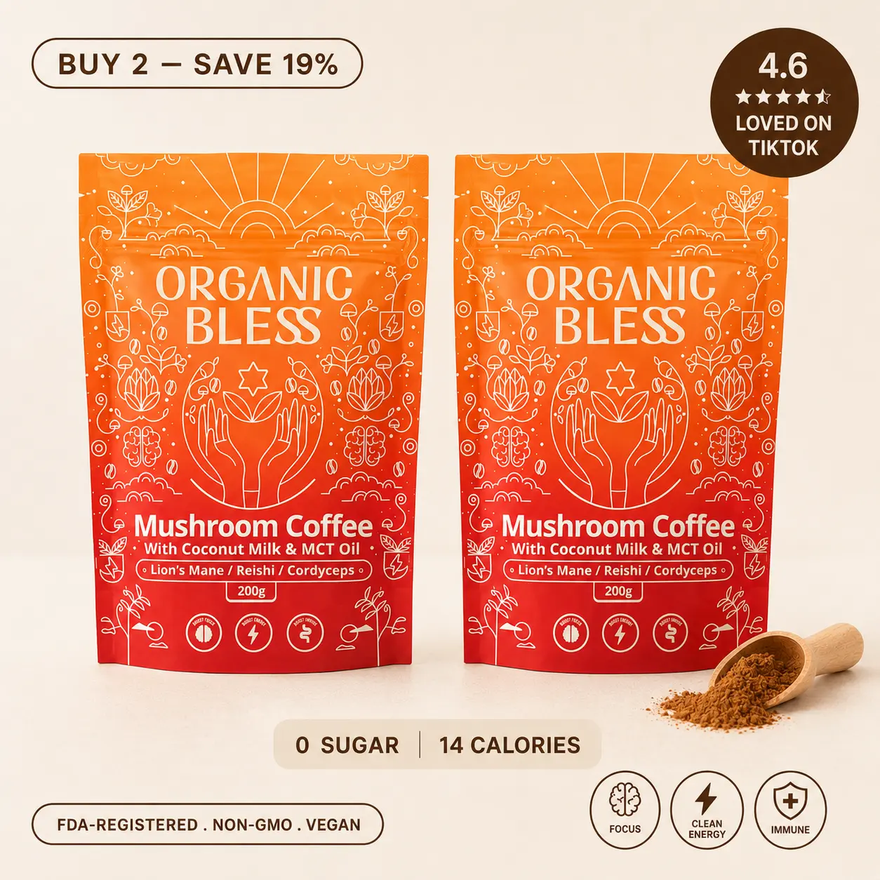 Organic Bless Mushroom Coffee 2-Pack – 60 Servings with Coconut Milk & MCT – Lion's Mane, Reishi & Cordyceps – Creamy Instant Latte, No Sugar, Keto