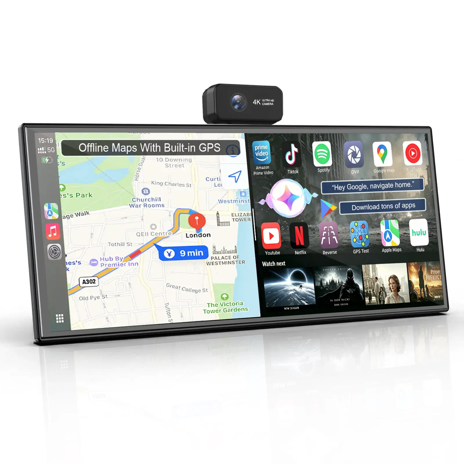 10.25"AI Car Screen: Gemini+Offline GPS+Google Play Store 4K Front & 1080P Reverse Camera Not Just CarPlay - Open Android 15 4GB+64G  No More Phone Battery Drain While Driving