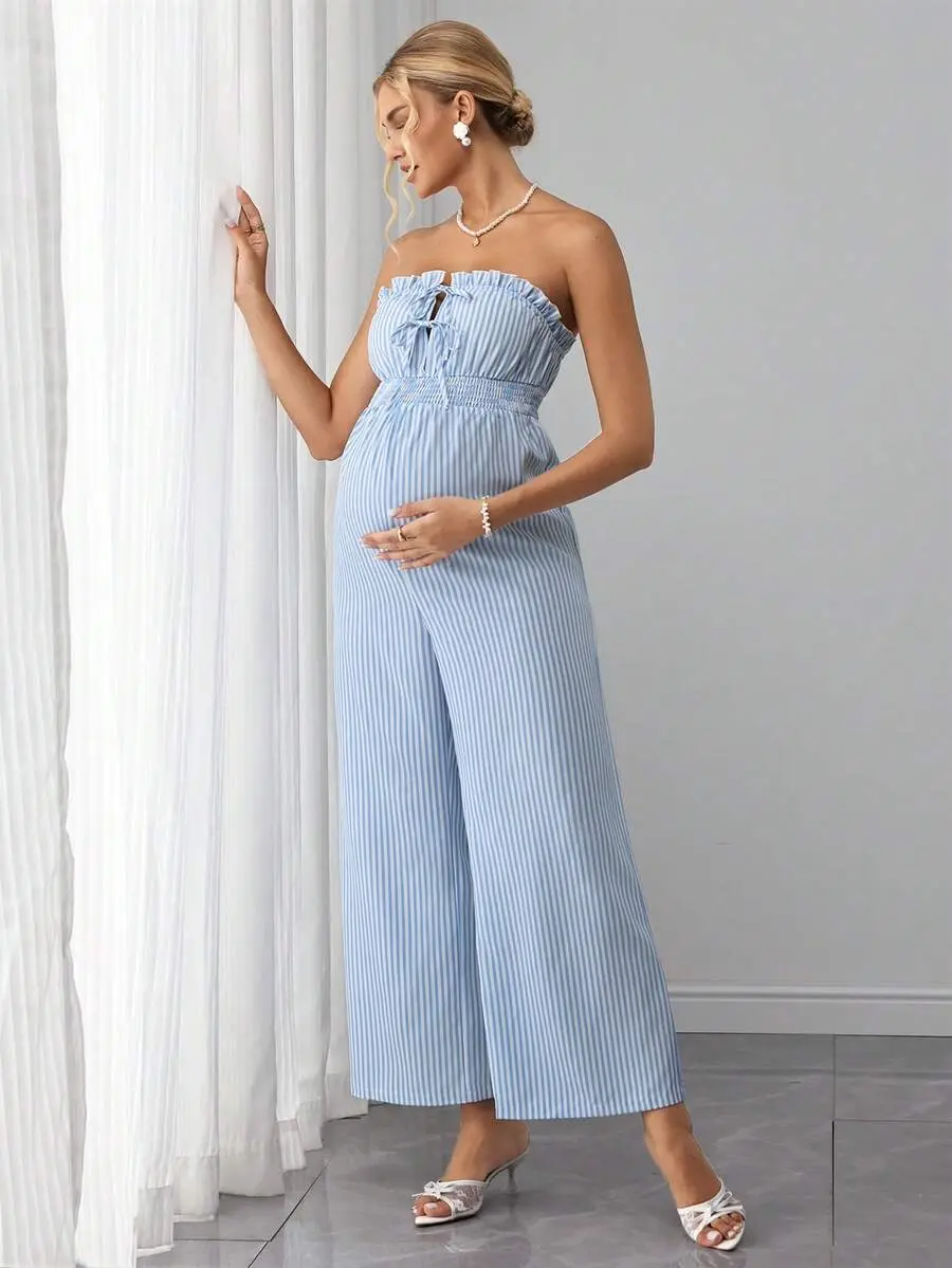 JOCASTAA Maternity Casual Striped Tube Top Waist Tie Loose Elegant Wide Leg Jumpsuit, Summer Maternity Jumpsuits For Woman Jumpsuit For Pregnant Woman Maternity Rompers Maternity Co Ords Maternity Clothes Sets