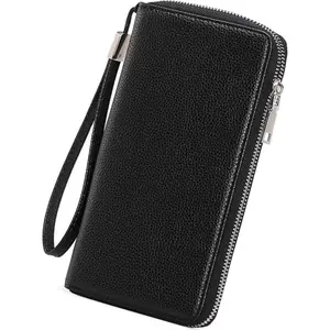 FATMOON Women's Chic Soft PU Leather Long Shape Wallet - RFID Blocking, Zipper-Around, 8 Card Slots, Business Travel Large Capacity Wristlet Clutch with Phone Holder, Black