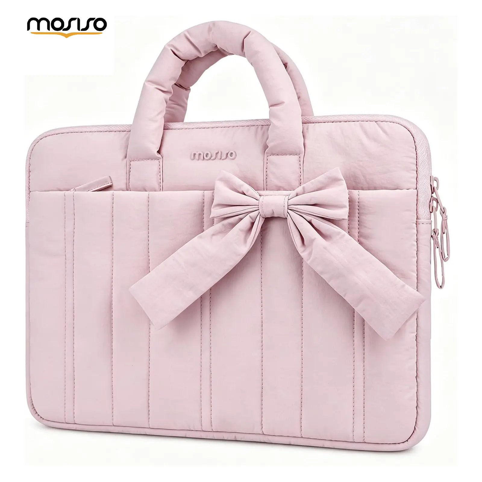 MOSISO 13.3-16 Inch Puffy Laptop Sleeve with Bow, Quilted Laptop Case with Handle for MacBook Air 13 & Pro 13/14, Cute Protective Computer Bag for Work School Travel, Pink