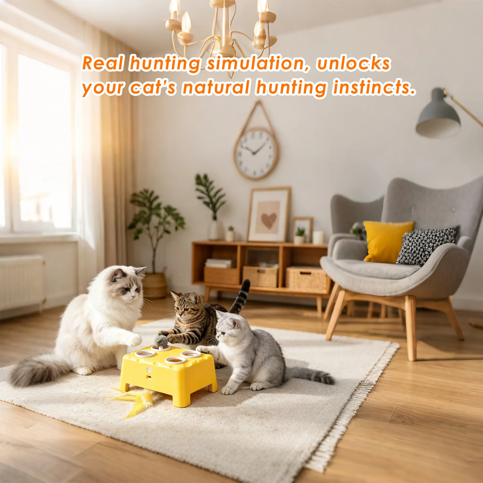 Magic House 4-Hole Whack-A-Mole Interactive Cat Toy, 3 Modes Electric Kitten Toy with Feather Wand & Pop-Up Hide-and-Seek, Rechargeable Stimulating Cat Enrichment Toys for All Cats Kitty automatic interactive cat toy