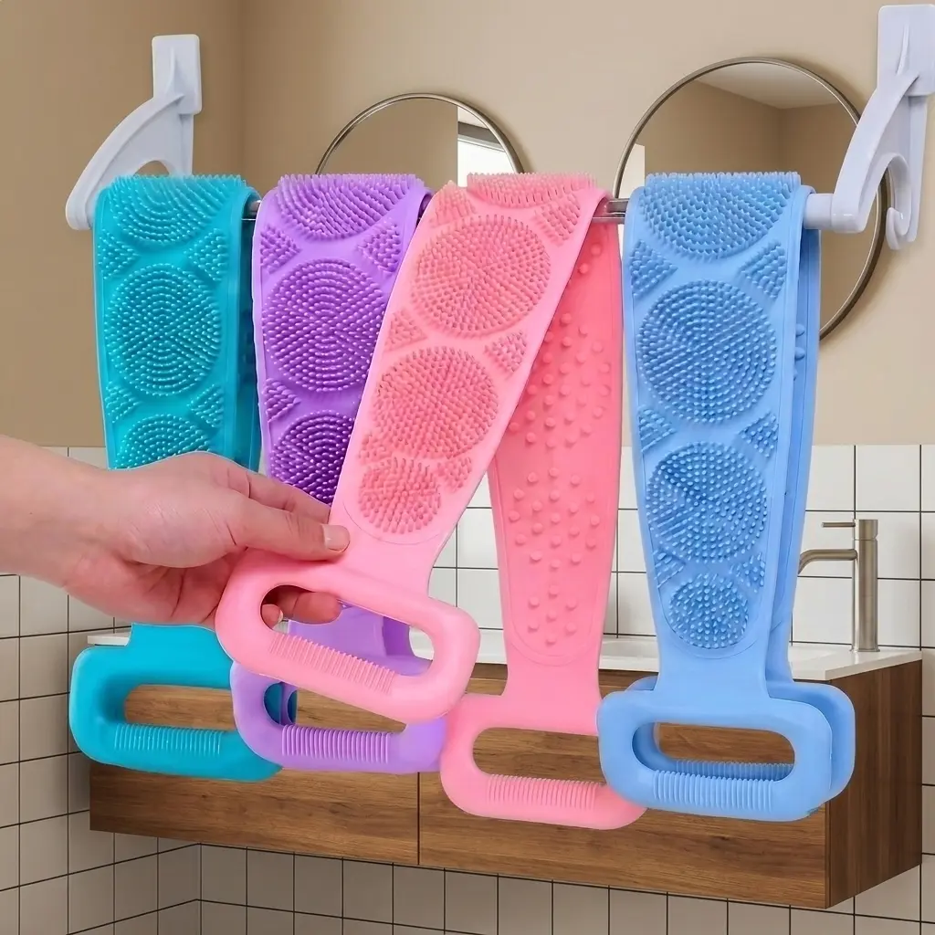 1-Piece Double-Sided Silicone Body Scrubber, Soft Flexible Shower and Bath Brush with Grip Strap, Gentle Exfoliation and Daily Cleansing, Reusable Bathroom Accessory for Women and Men
