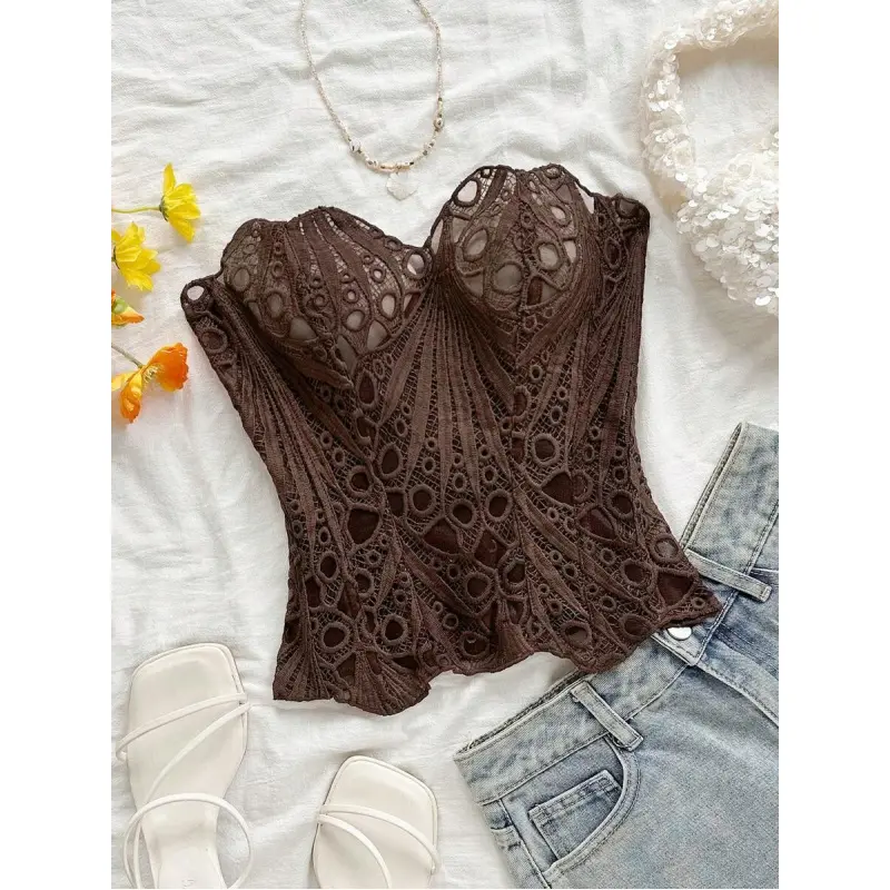 Women's Boho Embroidered Strapless Corset Top - Floral Knitted Bustier, Slim Fit, Asymmetrical Hem, Lace-Up Back, Fabric, Fashion Apparel Clothing, Cute Tops for Women, Chic Going-Out Wear, Women's Clothes