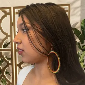 Beaded Large Rasta Hoop Earrings - Colorful Beads, Stainless Steel, Hypoallergenic, Durable, 65 mm, Attached to Sterling Silver Hook Ear Wire