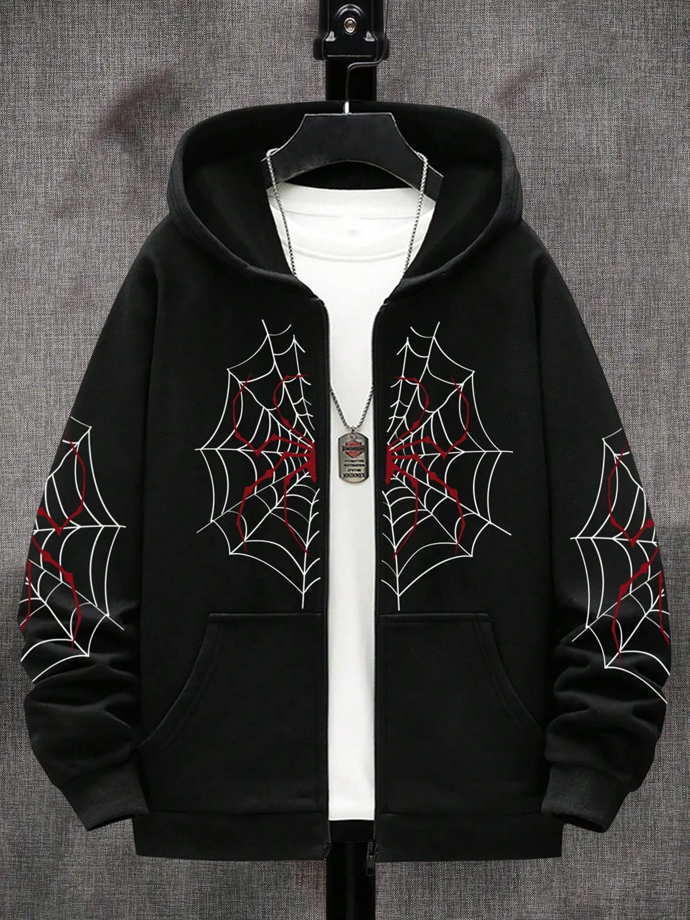 Men's Zipper Long Sleeve Hoodie with Spider Web Design, Casual Fitted Sportswear for Fall & Winter, Street Style Fashion Sweatshirt, Streetwear, Menswear, Aesthetic Hoodie, Casual Sporty Hoodies