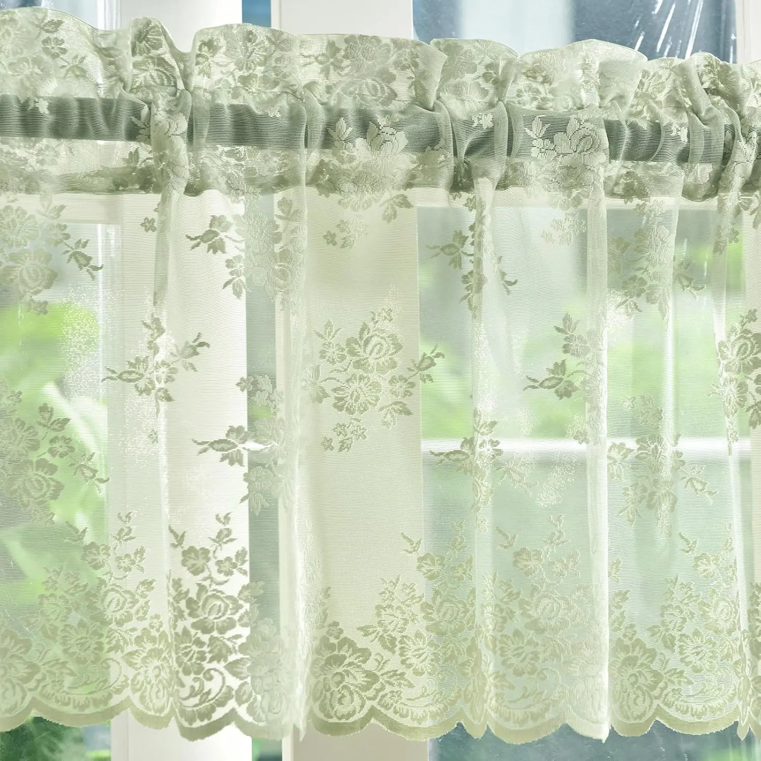 Light Sage Green Sheer Valance Curtain - Single Low Iron Classic Durable Suede Flat Weave Rod Pocket Panel (52W x 18L in, 0-1M), Rustic Floral Light Filtering, Machine Washable Household Textile Accessory