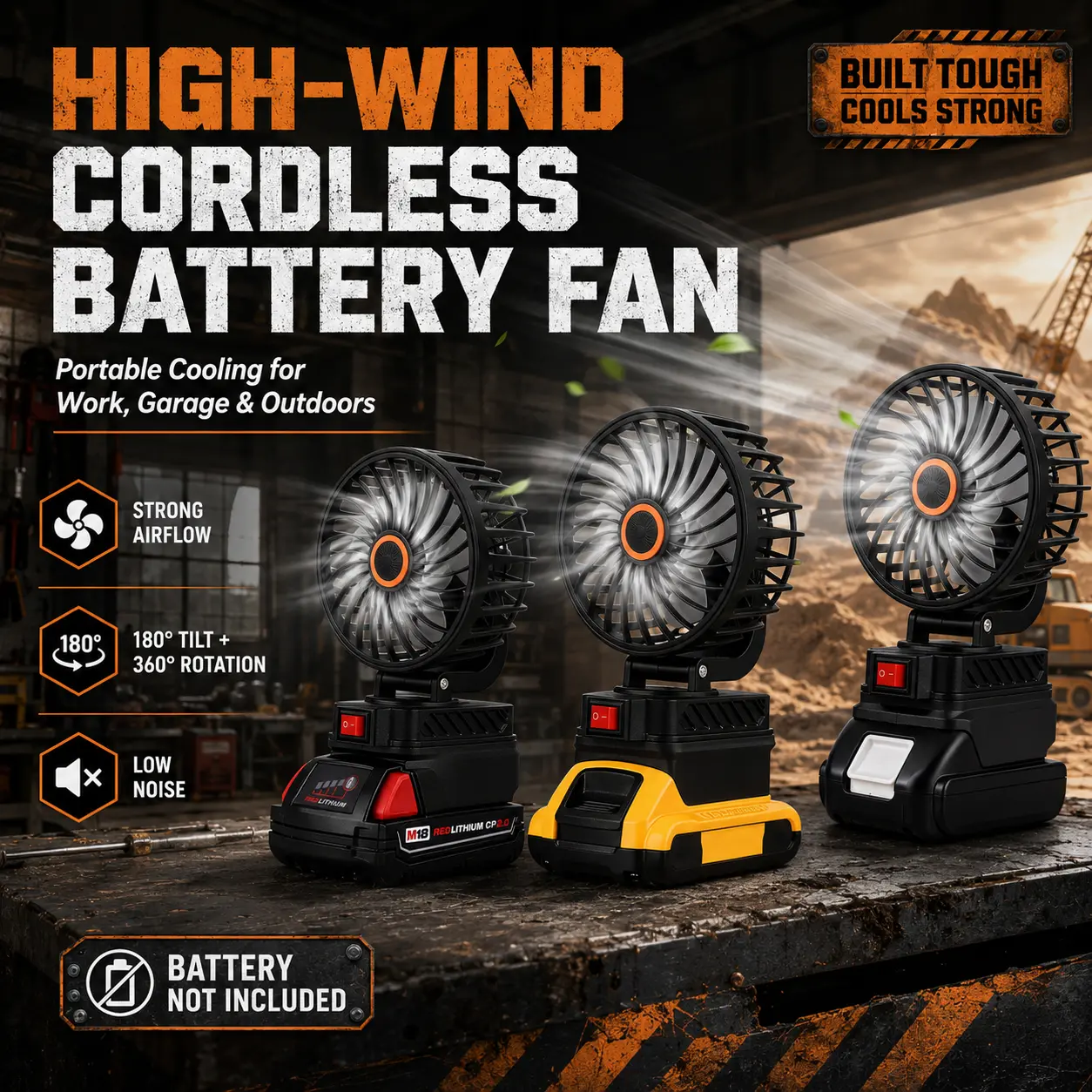 360° Rotating Powerful Cordless Camping Fan - Single Unit, High-Airflow, Battery Excluded, Ideal for Garage, Outdoor Use, Portable Workshop Fan
